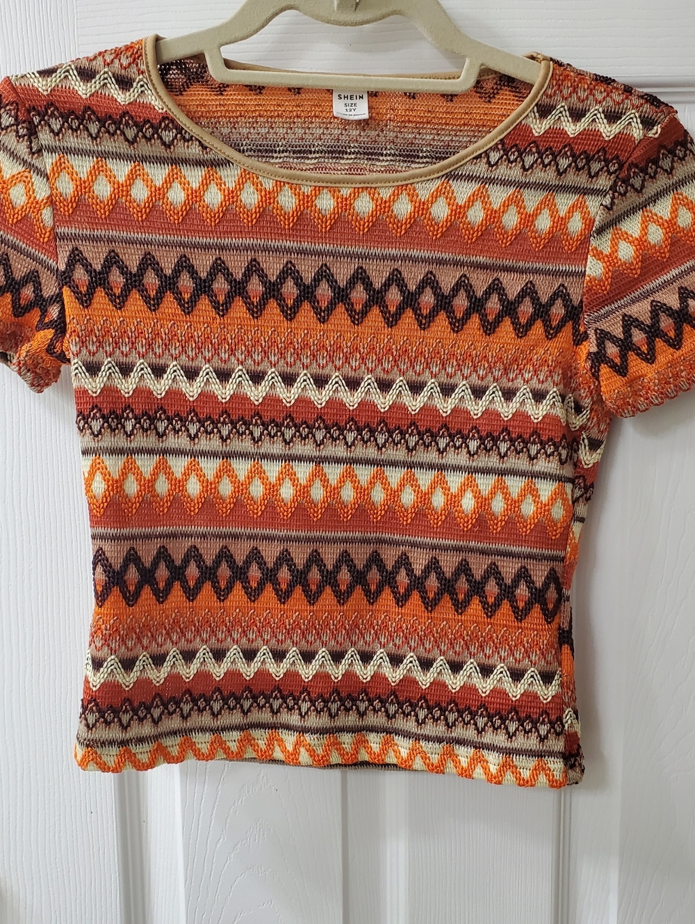 Shein Orange Patterned Short-Sleeve Knit Top
